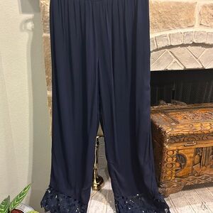 Navy Blue Elastic Waist Pants with Lace Hem